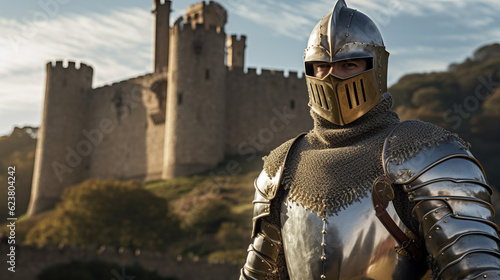 Medieval knight in shining armor standing in front of a castle in the background