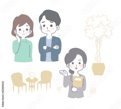 打ち合わせ・相談をする不安げな若い男女の夫婦・カップルと笑顔で応対する担当者