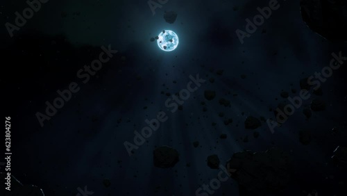 Approaching White dwarf star Sirius B through floating barren rocky asteroid field. Concept 3D animation tracking shot. Heavy elements rocks orbiting in starry wind in post supernova hydrogen burning.