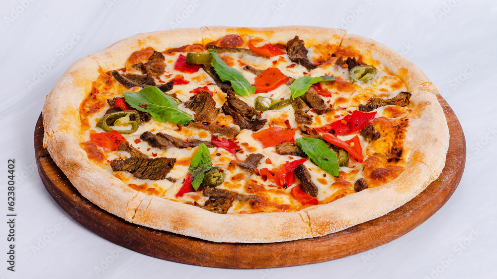Beef pizza side view