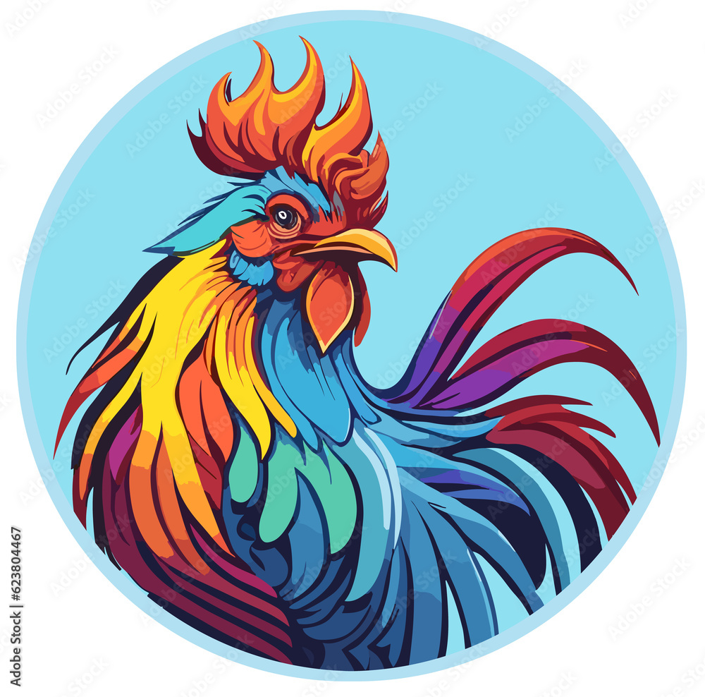 Colorful rainbow Rooster rounded illustration (Generative AI) Colorful rainbow Rooster rounded illustration (Generative AI)