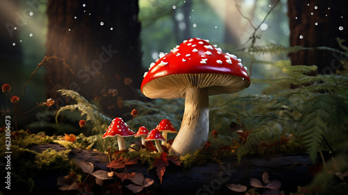 Poisonous wild mushroom Amanita muscaria in a forest, Generative Ai