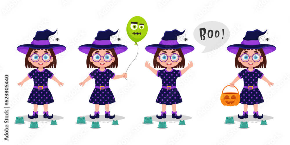 Set of illustrations of a girl in a witch costume Set of illustrations of a girl in a witch costume