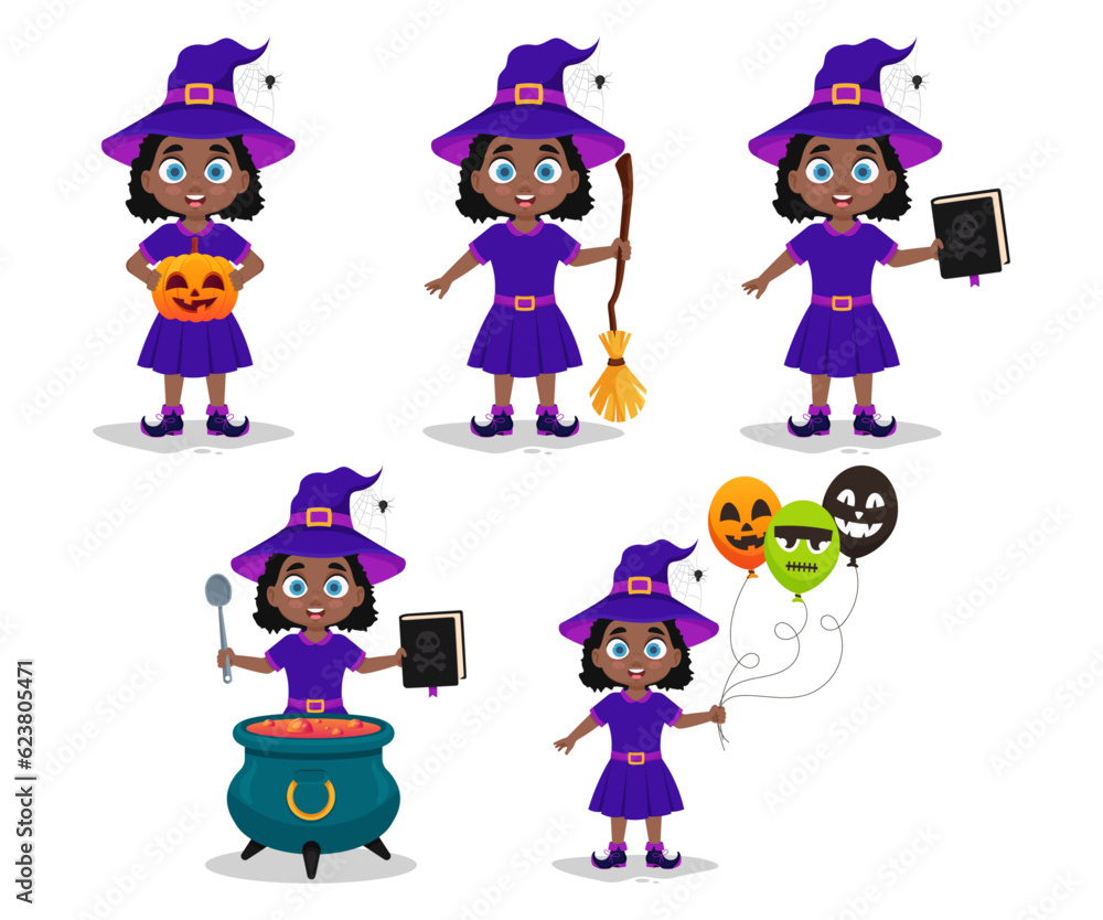 Set of illustrations of a girl in a witch costume Set of illustrations of a girl in a witch costume