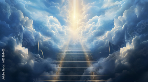 Fotografija Stairway through the clouds to the heavenly light, Generative Ai