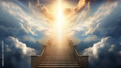 Fotografia Stairway through the clouds to the heavenly light, Generative Ai