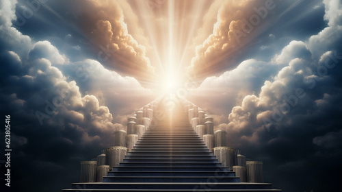Fotografia, Obraz Stairway through the clouds to the heavenly light, Generative Ai