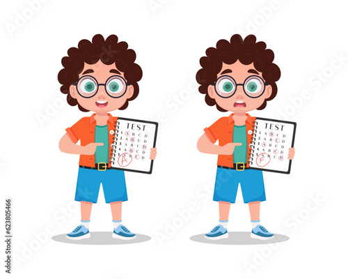 A set of illustrations of a boy with grades