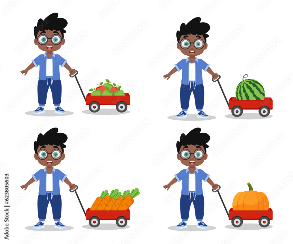 4 Illustrations of a boy with a red cart 4 Illustrations of a boy with a red cart