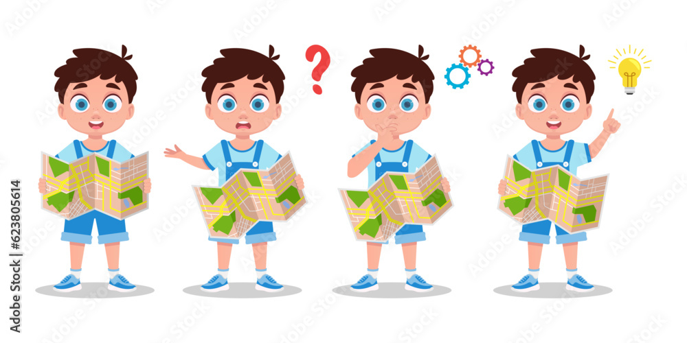 Set of illustrations of a boy with a map Set of illustrations of a boy with a map