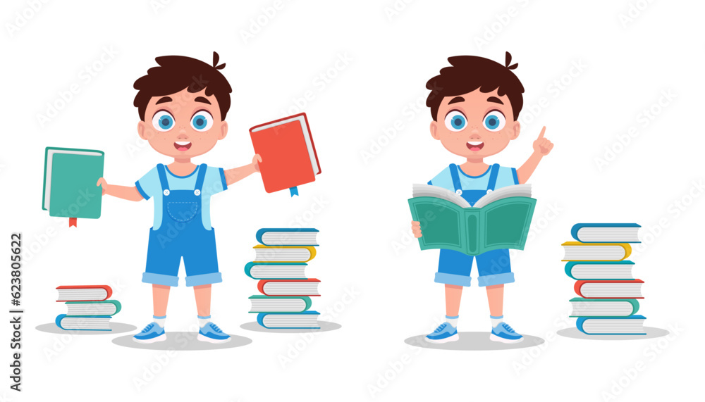 Set of illustrations of a boy with books Set of illustrations of a boy with books