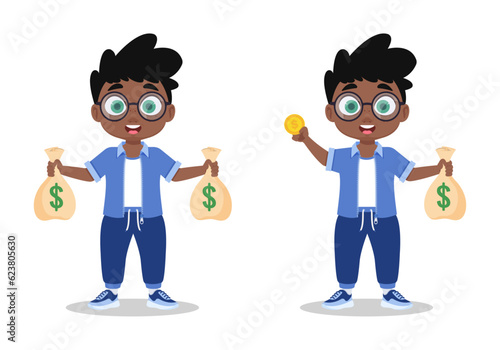 Set of illustrations of a boy with money