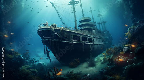 Sunken ship at the bottom of the ocean, Generative Ai © oldwar