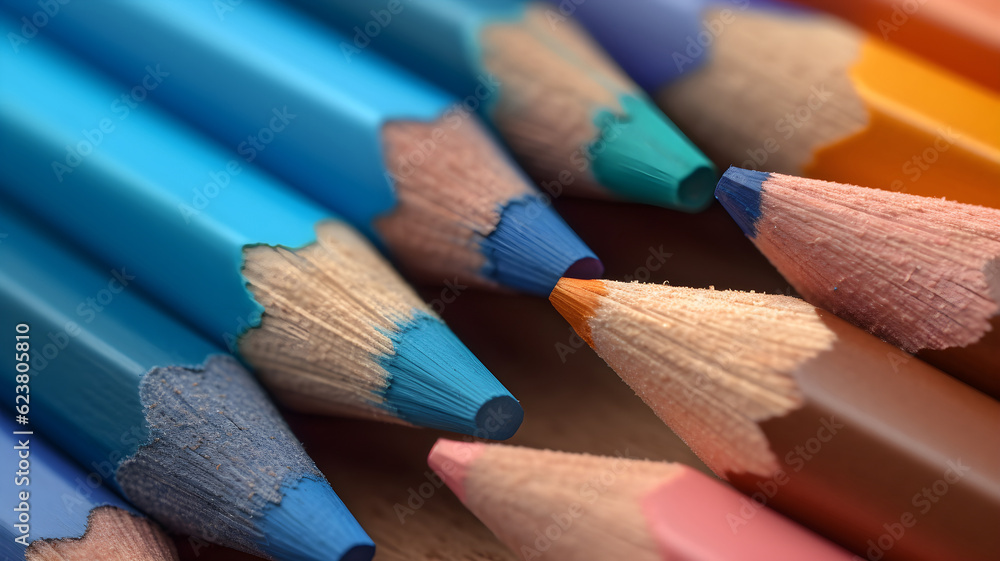 Obraz premium multicolored pencils, wooden crayon, colors, school supplies, pastels, drawing, art supplies, close up shot of pencils, stack, made with generative AI 