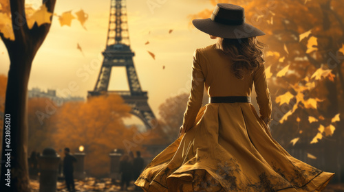 woman on the background of the eiffel tower