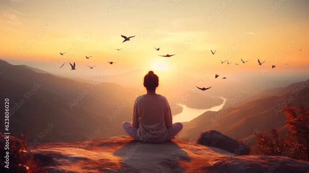 Woman practices meditating and praying with free bird enjoying nature on the mountain sunset background, hope and faith concept, Generative Ai