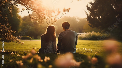 Young couple sitting on a lawn in the park back view, Generative Ai