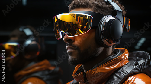 Mann mit Virtual Reality VR Brille und Headset / Augmentet Reality / Spacial Computing