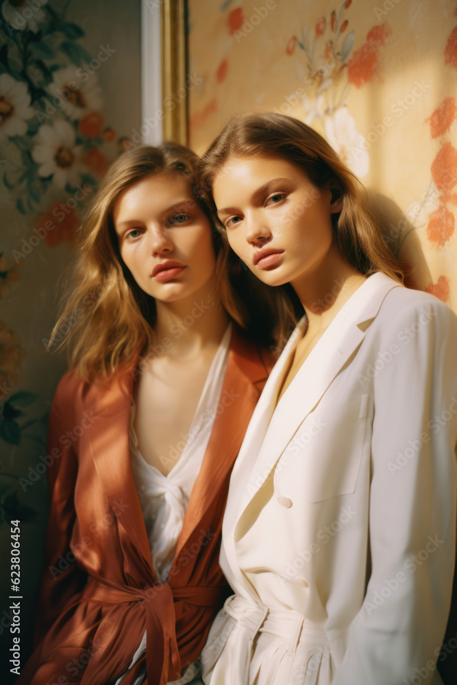 Fototapeta premium portrait of women/models/book characters in daylight scene for lgbtq + awareness embracing in a fashion/beauty editorial magazine style film photography look - generative ai art