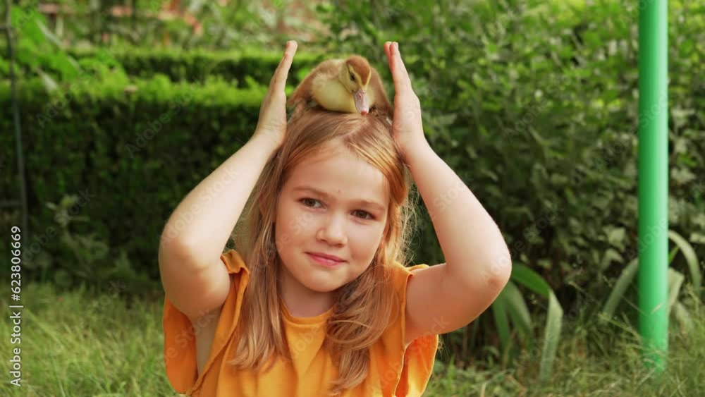 Cute teenage girl with ducklings on the head on the lawn. Cute teenage girl with ducklings on the head on the lawn.