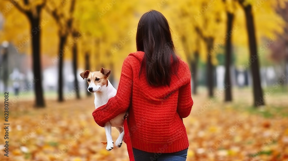 Attractive young woman with long brunette hair, wearing oversized red sweater and jeans walking in park with her Jack Russell Terrier puppy, yellow leaves on the ground. Generative AI Attractive young woman with long brunette hair, wearing oversized red sweater and jeans walking in park with her Jack Russell Terrier puppy, yellow leaves on the ground. Generative AI