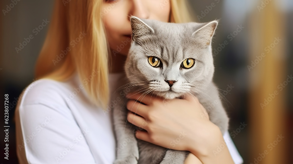 Young beautiful woman with long blond hair holding her grey scottish fold breed cat. Generative AI Young beautiful woman with long blond hair holding her grey scottish fold breed cat. Generative AI