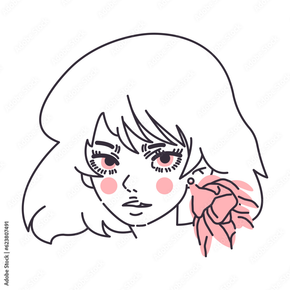 Portrait of a girl in anime style with big pink eyes, short haircut, flower earring. Vector illustration, postcard, design Portrait of a girl in anime style with big pink eyes, short haircut, flower earring. Vector illustration, postcard, design