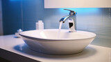 Contemporary Minimalism in a Modern Bathroom Sink with Blue Backlit Mirror and White Ceramic Washbasin. Generative AI