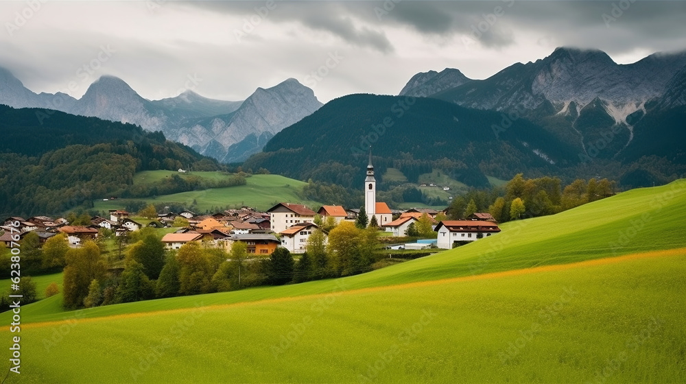 Beautiful village in an alpine mountain landscape. Generative AI