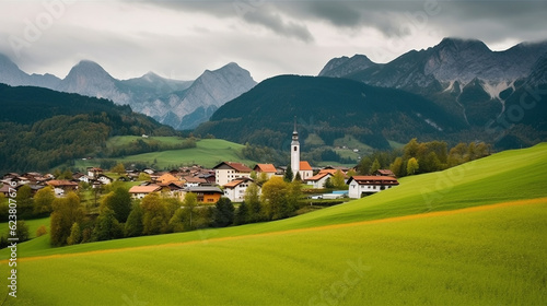 Beautiful village in an alpine mountain landscape. Generative AI photo