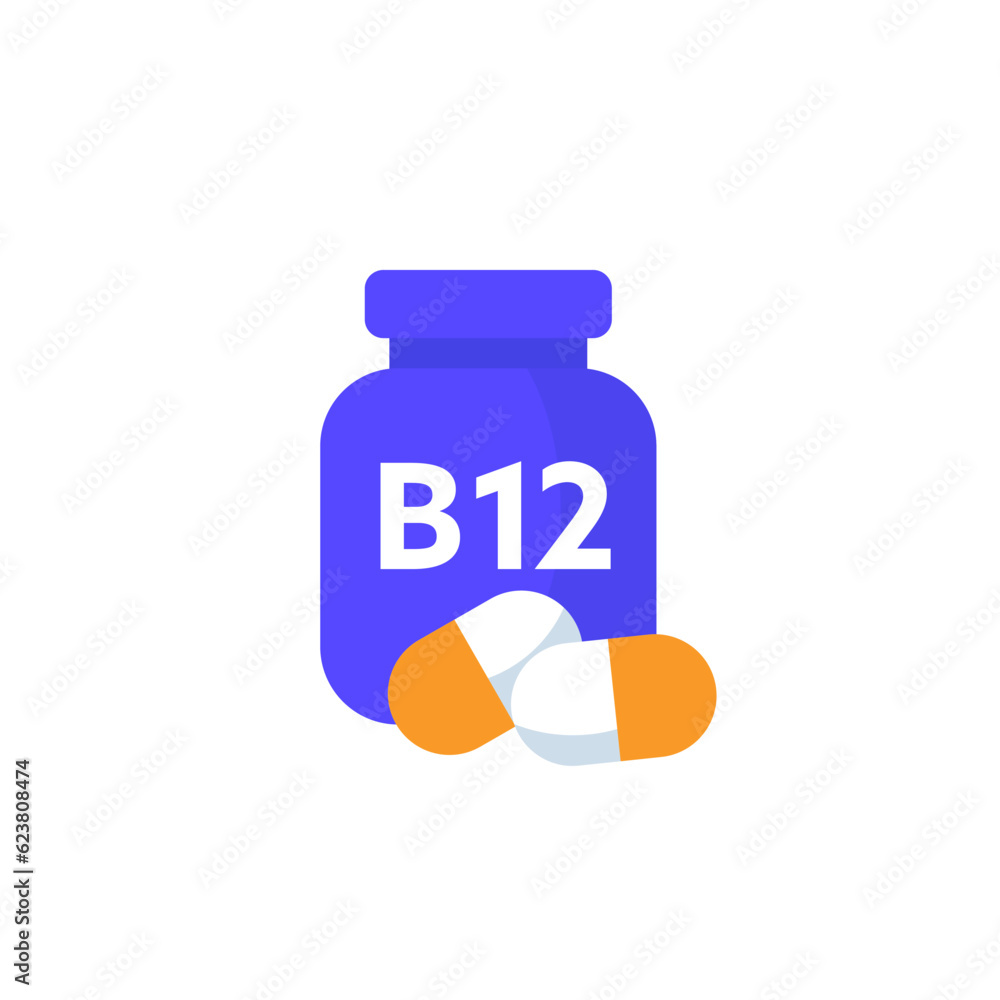 B12 vitamin vector icon with a bottle B12 vitamin vector icon with a bottle