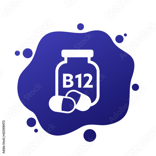 B12 vitamin icon with a bottle, vector