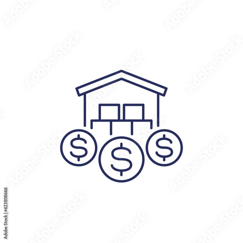 Storage costs icon with warehouse, line vector