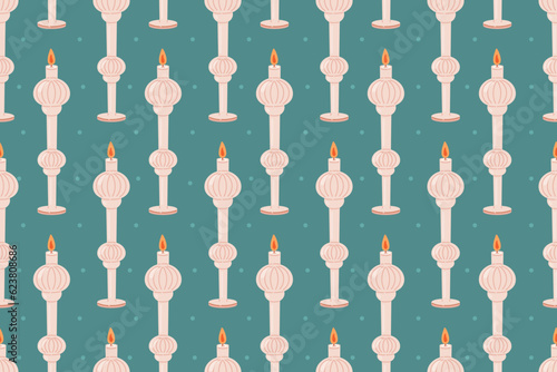 Decorative old interior design flat candles in a candlestick. Vector seamless cartoon pattern.