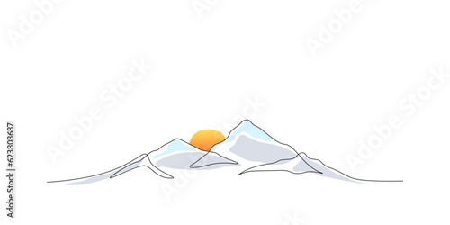Continuous line drawing of sun and mountain range landscape background. One single line colored drawing of mountain, sunset panoramic view. Line art style illustration of nature. Vector linear style