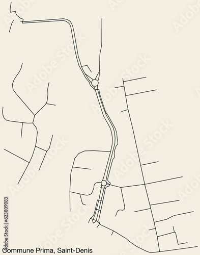 Detailed hand-drawn navigational urban street roads map of the COMMUNE PRIMA QUARTER of the French city of SAINT-DENIS (LA RÉUNION), France with vivid road lines and name tag on solid background