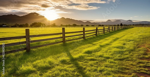 Green grass field, wooden Fence and mountain on horizon at summer morning. Generative AI