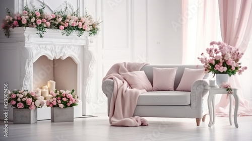 Light Sofa and Pink Pillows Grace an Enchanting Studio Room with a Cozy Fireplace and Spring-inspired Decor. Generative AI © coco