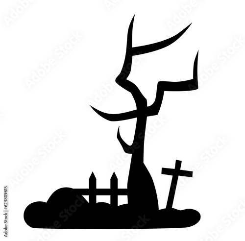 Halloween spooky tree rails and tombstone silhouette

