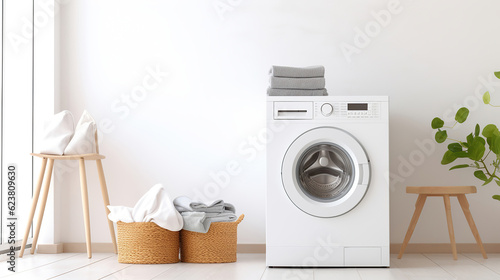 Washing Machine and Laundry Basket Against a White Wall