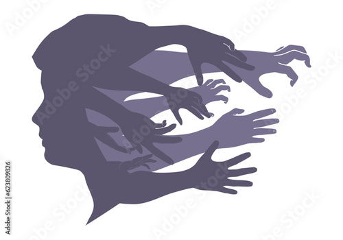 Side view portrait man in angry expression. Outside mood. Hands go out of head. Internally suffering, dissociative identity disorder. Double exposure.