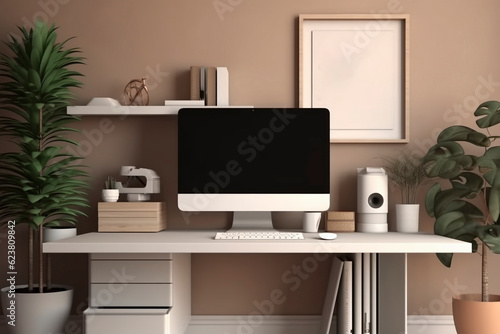 Office with modern desktop computer mockup © MiraCle72