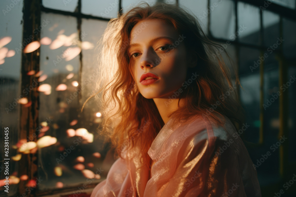 Obraz premium portrait of a woman/model/book character standing by a window in warm daylight with a thoughtful/sad expression in a fashion/beauty editorial magazine style film photography look - generative ai art