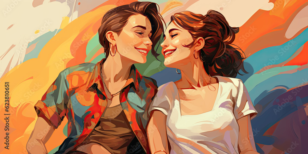 Lesbian couple in a fun and affectionate attitude. Generative AI Lesbian couple in a fun and affectionate attitude. Generative AI