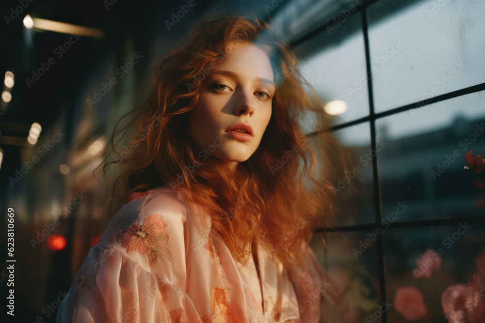 portrait of a woman/model/book character standing by a window in warm daylight with a thoughtful/sad expression in a fashion/beauty editorial magazine style film photography look - generative ai art portrait of a woman/model/book character standing by a window in warm daylight with a thoughtful/sad expression in a fashion/beauty editorial magazine style film photography look - generative ai art
