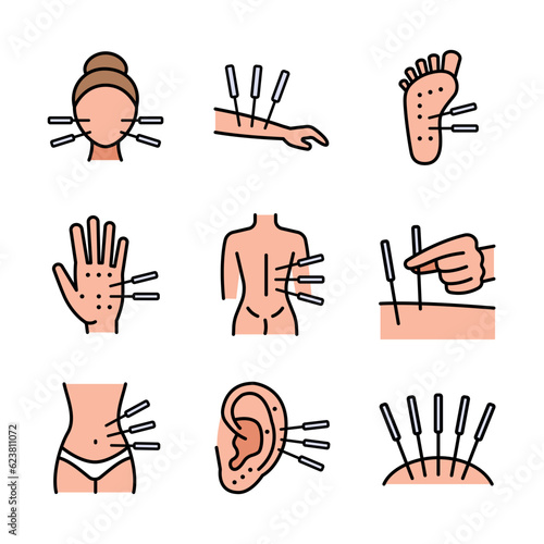 Acupuncture. Body therapy and spa. Wellness. Alternative medicine outline icons set.