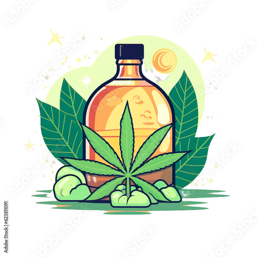 Medicine bottle with pharmaceutical cannabis, marijuhanna as medicine, isolaated, flat illustration, Simple Logo, transparent background, ai generated photo