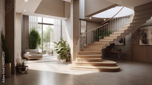 The interior design of the modern entrance hall with a staircase in the villa generative ai © tanjidvect