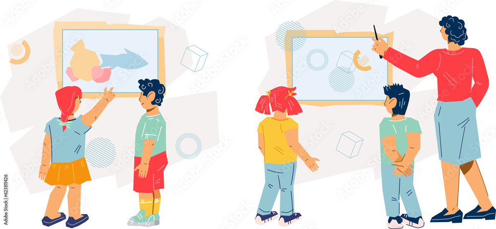 Children in museum studying art. Poster or banner design for school and preschool education. Children in museum studying art. Poster or banner design for school and preschool education.