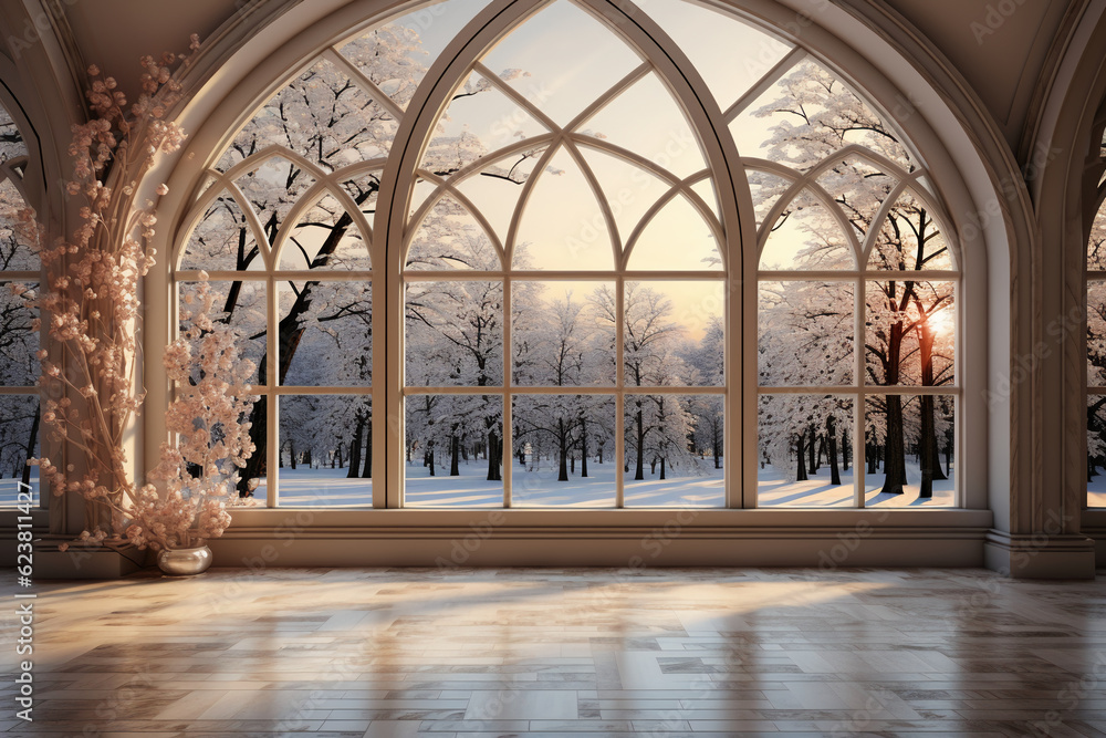 A vintage bay window, with a beautiful view of a winter wonderland. AI generative